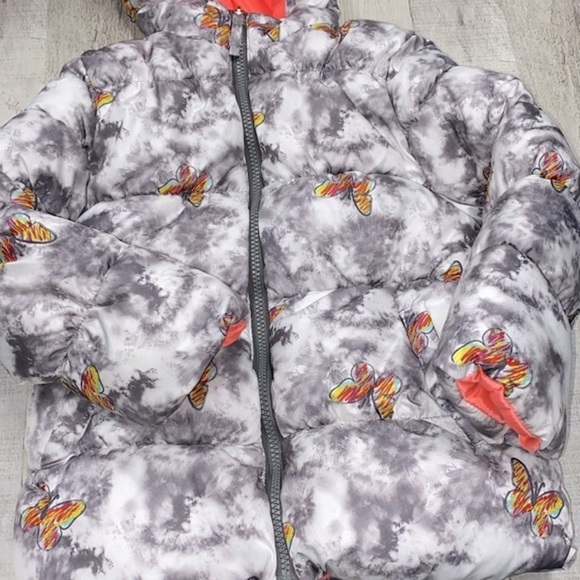 Pink Platinum little girls butterfly print puffy jacket with hood size 6X - Picture 2 of 9